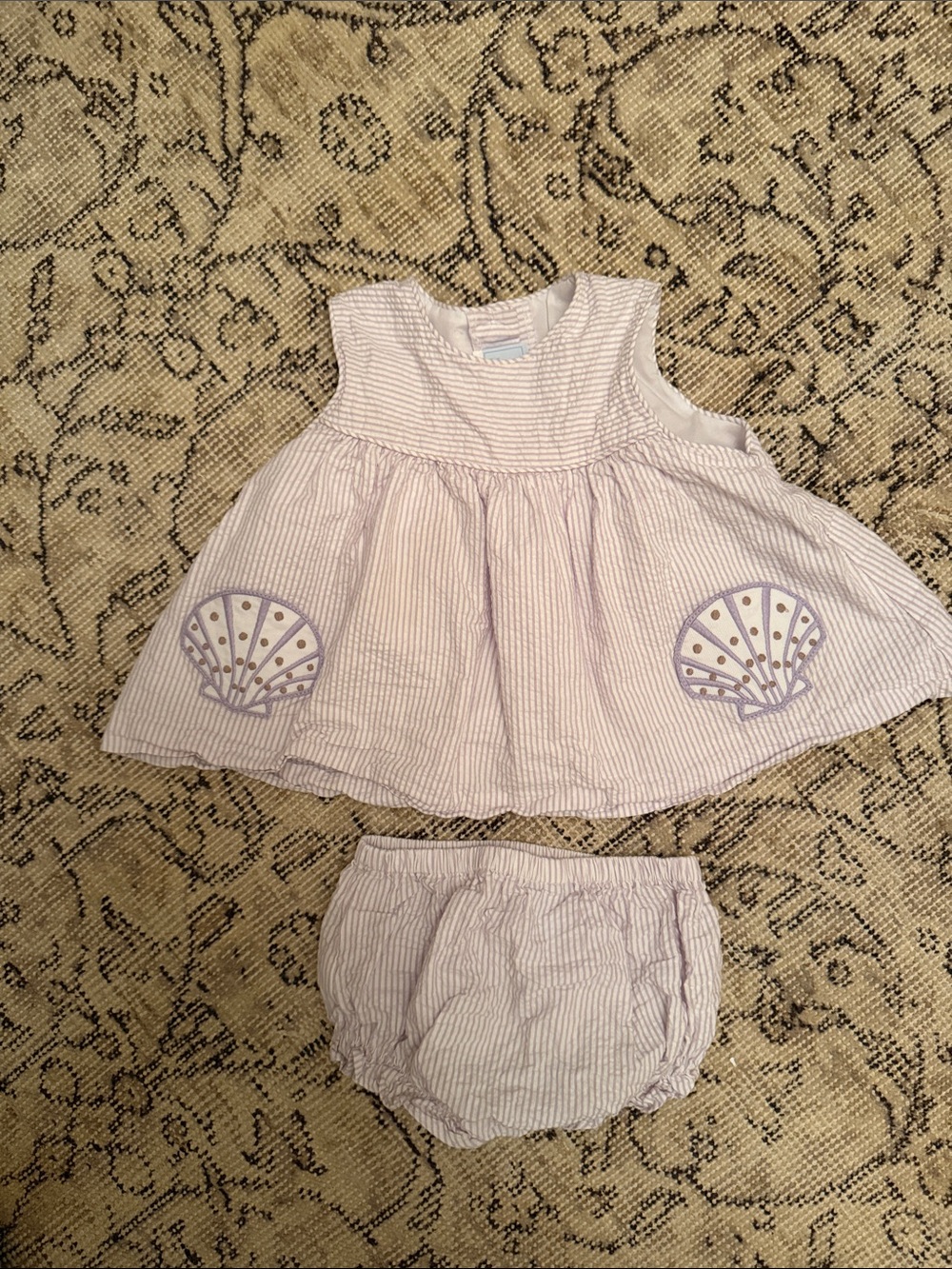 Little English Lavender-Stripe Shell Appliqué Dress & Diaper Cover